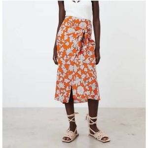 Zara Women's Orange Printed Faux Wrap Knot Tie Front Midi Skirt Size Small